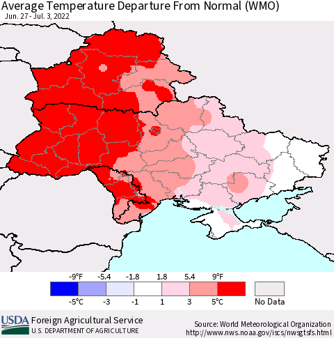 Ukraine, Moldova and Belarus Average Temperature Departure from Normal (WMO) Thematic Map For 6/27/2022 - 7/3/2022