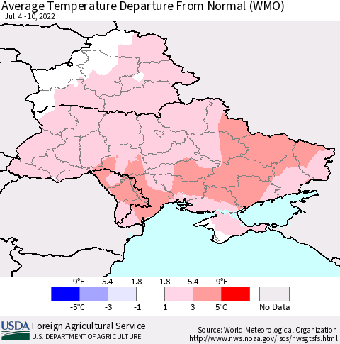Ukraine, Moldova and Belarus Average Temperature Departure from Normal (WMO) Thematic Map For 7/4/2022 - 7/10/2022