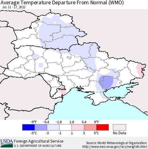 Ukraine, Moldova and Belarus Average Temperature Departure from Normal (WMO) Thematic Map For 7/11/2022 - 7/17/2022