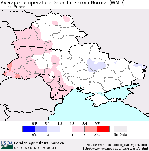 Ukraine, Moldova and Belarus Average Temperature Departure from Normal (WMO) Thematic Map For 7/18/2022 - 7/24/2022