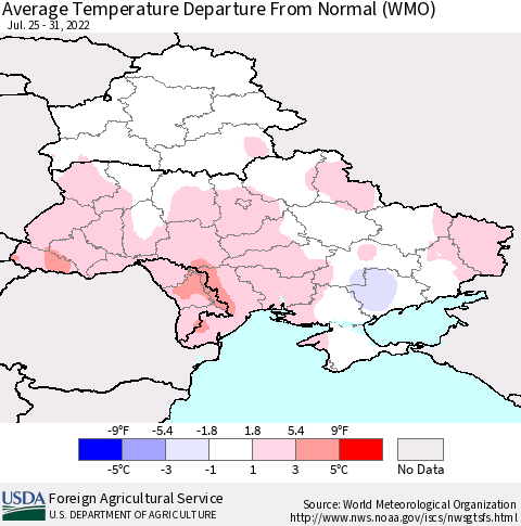 Ukraine, Moldova and Belarus Average Temperature Departure from Normal (WMO) Thematic Map For 7/25/2022 - 7/31/2022