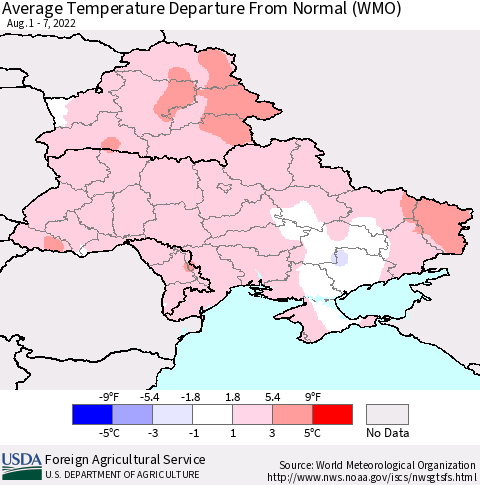 Ukraine, Moldova and Belarus Average Temperature Departure From Normal (WMO) Thematic Map For 8/1/2022 - 8/7/2022