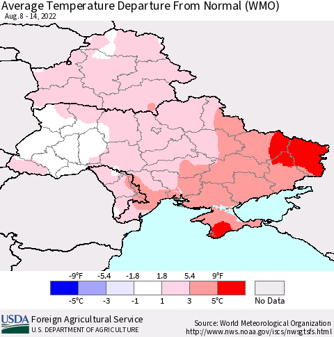 Ukraine, Moldova and Belarus Average Temperature Departure from Normal (WMO) Thematic Map For 8/8/2022 - 8/14/2022