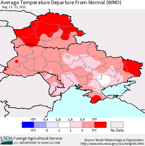 Ukraine, Moldova and Belarus Average Temperature Departure from Normal (WMO) Thematic Map For 8/15/2022 - 8/21/2022