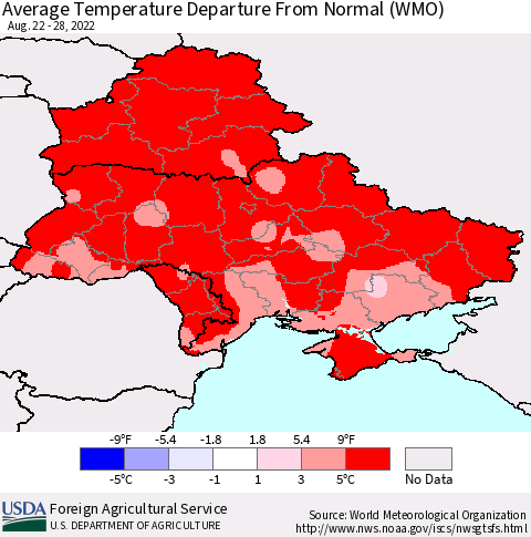 Ukraine, Moldova and Belarus Average Temperature Departure from Normal (WMO) Thematic Map For 8/22/2022 - 8/28/2022