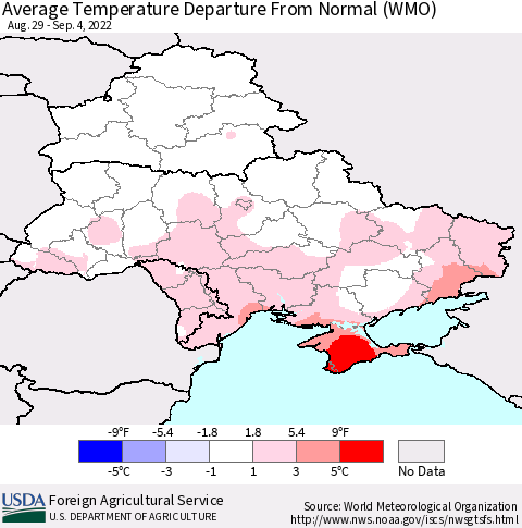 Ukraine, Moldova and Belarus Average Temperature Departure from Normal (WMO) Thematic Map For 8/29/2022 - 9/4/2022