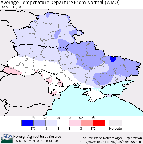 Ukraine, Moldova and Belarus Average Temperature Departure from Normal (WMO) Thematic Map For 9/5/2022 - 9/11/2022