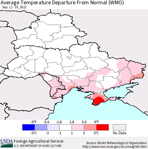 Ukraine, Moldova and Belarus Average Temperature Departure from Normal (WMO) Thematic Map For 9/12/2022 - 9/18/2022