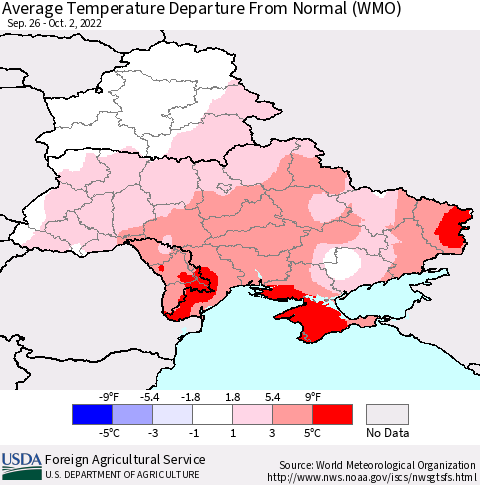 Ukraine, Moldova and Belarus Average Temperature Departure from Normal (WMO) Thematic Map For 9/26/2022 - 10/2/2022
