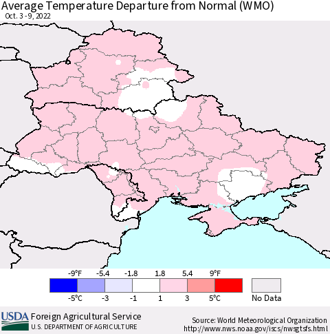 Ukraine, Moldova and Belarus Average Temperature Departure from Normal (WMO) Thematic Map For 10/3/2022 - 10/9/2022