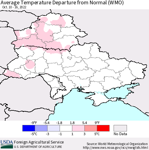 Ukraine, Moldova and Belarus Average Temperature Departure from Normal (WMO) Thematic Map For 10/10/2022 - 10/16/2022