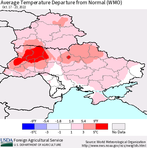 Ukraine, Moldova and Belarus Average Temperature Departure from Normal (WMO) Thematic Map For 10/17/2022 - 10/23/2022