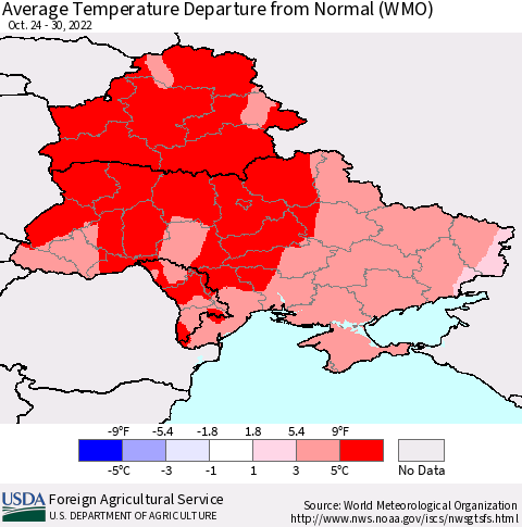 Ukraine, Moldova and Belarus Average Temperature Departure from Normal (WMO) Thematic Map For 10/24/2022 - 10/30/2022
