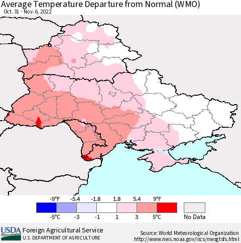 Ukraine, Moldova and Belarus Average Temperature Departure from Normal (WMO) Thematic Map For 10/31/2022 - 11/6/2022