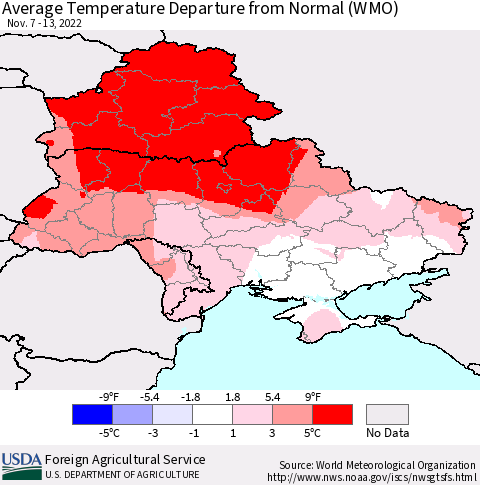 Ukraine, Moldova and Belarus Average Temperature Departure from Normal (WMO) Thematic Map For 11/7/2022 - 11/13/2022