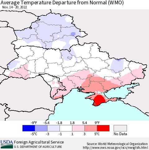 Ukraine, Moldova and Belarus Average Temperature Departure from Normal (WMO) Thematic Map For 11/14/2022 - 11/20/2022