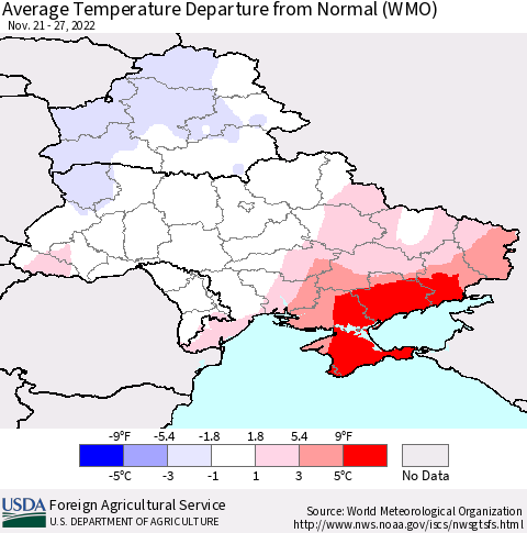 Ukraine, Moldova and Belarus Average Temperature Departure from Normal (WMO) Thematic Map For 11/21/2022 - 11/27/2022