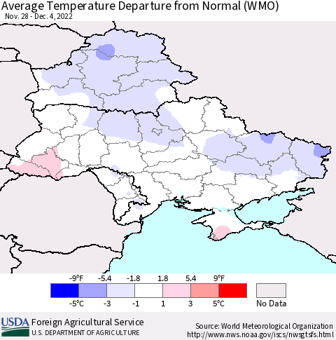 Ukraine, Moldova and Belarus Average Temperature Departure from Normal (WMO) Thematic Map For 11/28/2022 - 12/4/2022
