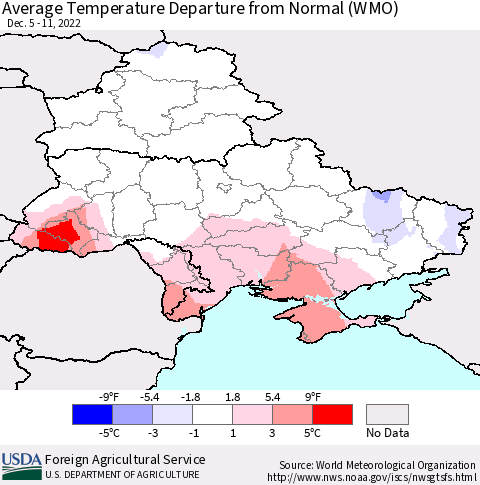 Ukraine, Moldova and Belarus Average Temperature Departure from Normal (WMO) Thematic Map For 12/5/2022 - 12/11/2022