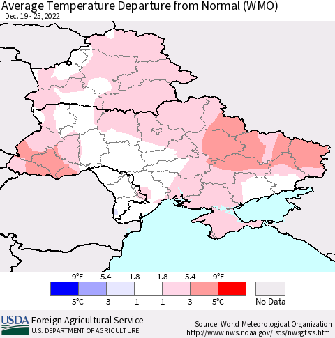 Ukraine, Moldova and Belarus Average Temperature Departure from Normal (WMO) Thematic Map For 12/19/2022 - 12/25/2022