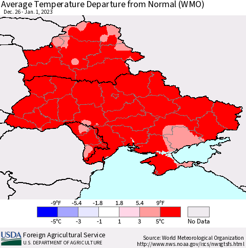 Ukraine, Moldova and Belarus Average Temperature Departure from Normal (WMO) Thematic Map For 12/26/2022 - 1/1/2023