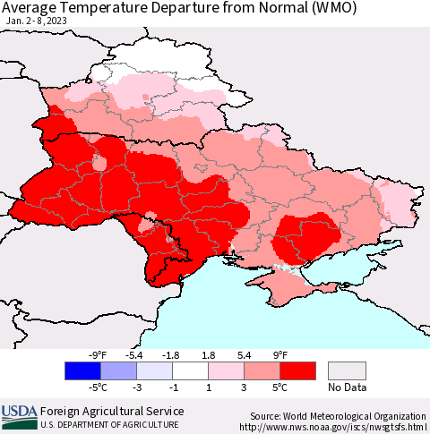Ukraine, Moldova and Belarus Average Temperature Departure from Normal (WMO) Thematic Map For 1/2/2023 - 1/8/2023