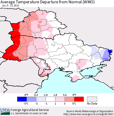 Ukraine, Moldova and Belarus Average Temperature Departure from Normal (WMO) Thematic Map For 1/9/2023 - 1/15/2023