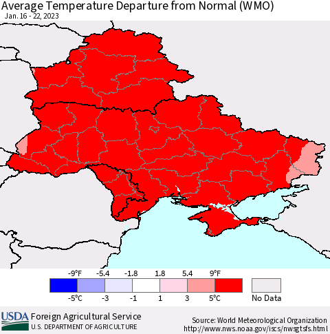 Ukraine, Moldova and Belarus Average Temperature Departure from Normal (WMO) Thematic Map For 1/16/2023 - 1/22/2023