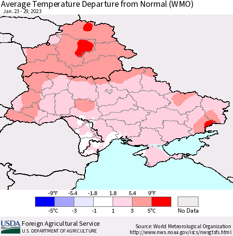 Ukraine, Moldova and Belarus Average Temperature Departure from Normal (WMO) Thematic Map For 1/23/2023 - 1/29/2023