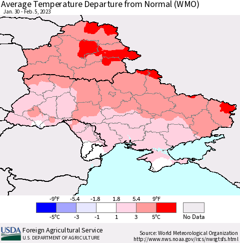 Ukraine, Moldova and Belarus Average Temperature Departure from Normal (WMO) Thematic Map For 1/30/2023 - 2/5/2023