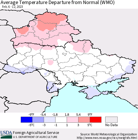 Ukraine, Moldova and Belarus Average Temperature Departure from Normal (WMO) Thematic Map For 2/6/2023 - 2/12/2023