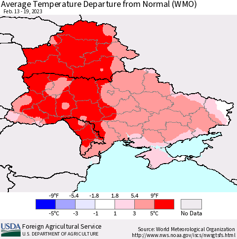 Ukraine, Moldova and Belarus Average Temperature Departure from Normal (WMO) Thematic Map For 2/13/2023 - 2/19/2023