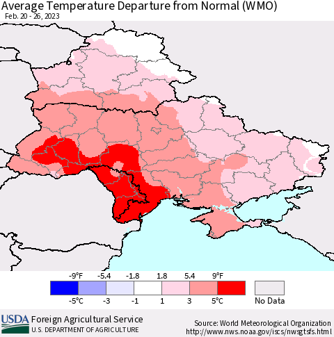 Ukraine, Moldova and Belarus Average Temperature Departure from Normal (WMO) Thematic Map For 2/20/2023 - 2/26/2023