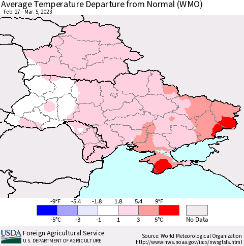 Ukraine, Moldova and Belarus Average Temperature Departure from Normal (WMO) Thematic Map For 2/27/2023 - 3/5/2023