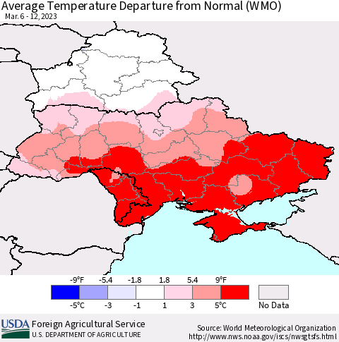 Ukraine, Moldova and Belarus Average Temperature Departure from Normal (WMO) Thematic Map For 3/6/2023 - 3/12/2023