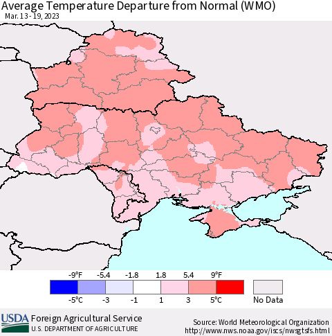 Ukraine, Moldova and Belarus Average Temperature Departure from Normal (WMO) Thematic Map For 3/13/2023 - 3/19/2023