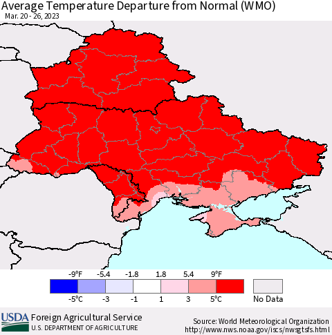 Ukraine, Moldova and Belarus Average Temperature Departure from Normal (WMO) Thematic Map For 3/20/2023 - 3/26/2023