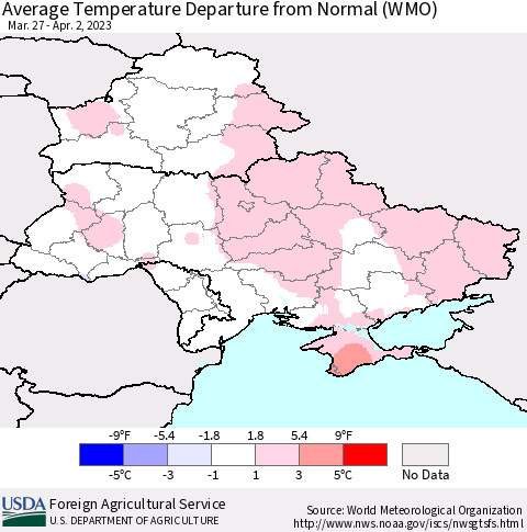 Ukraine, Moldova and Belarus Average Temperature Departure from Normal (WMO) Thematic Map For 3/27/2023 - 4/2/2023