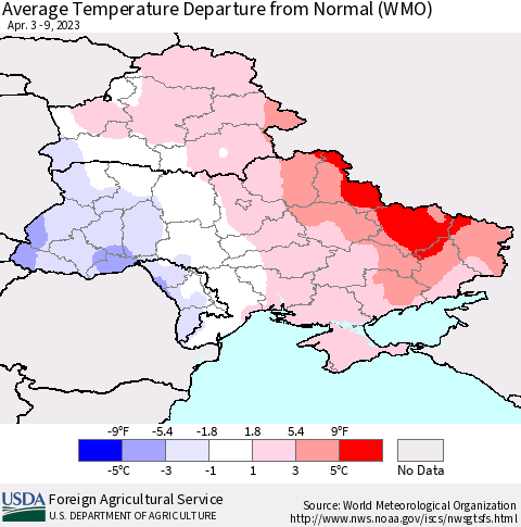 Ukraine, Moldova and Belarus Average Temperature Departure from Normal (WMO) Thematic Map For 4/3/2023 - 4/9/2023