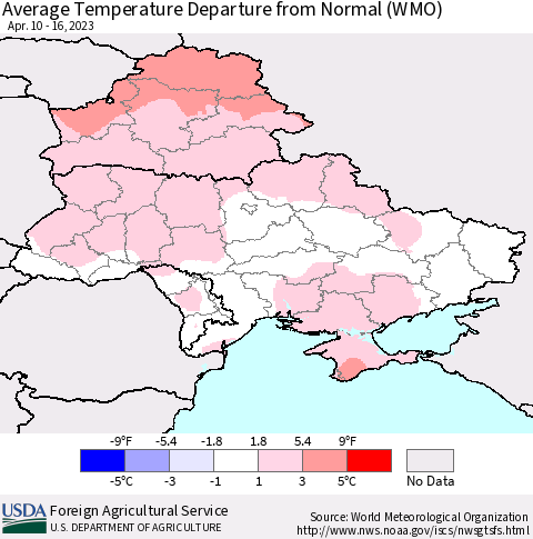 Ukraine, Moldova and Belarus Average Temperature Departure from Normal (WMO) Thematic Map For 4/10/2023 - 4/16/2023