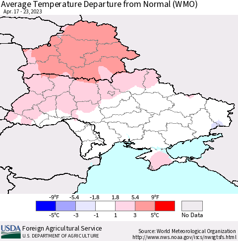 Ukraine, Moldova and Belarus Average Temperature Departure from Normal (WMO) Thematic Map For 4/17/2023 - 4/23/2023