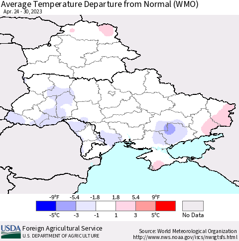 Ukraine, Moldova and Belarus Average Temperature Departure from Normal (WMO) Thematic Map For 4/24/2023 - 4/30/2023