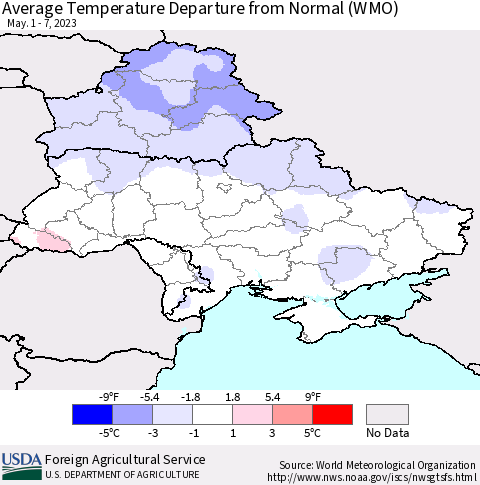 Ukraine, Moldova and Belarus Average Temperature Departure from Normal (WMO) Thematic Map For 5/1/2023 - 5/7/2023