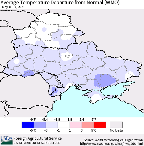 Ukraine, Moldova and Belarus Average Temperature Departure from Normal (WMO) Thematic Map For 5/8/2023 - 5/14/2023