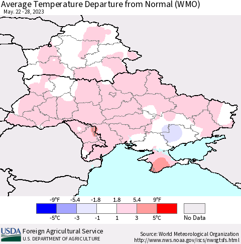 Ukraine, Moldova and Belarus Average Temperature Departure from Normal (WMO) Thematic Map For 5/22/2023 - 5/28/2023