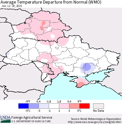 Ukraine, Moldova and Belarus Average Temperature Departure from Normal (WMO) Thematic Map For 6/12/2023 - 6/18/2023
