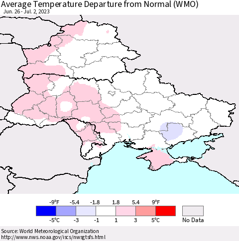 Ukraine, Moldova and Belarus Average Temperature Departure from Normal (WMO) Thematic Map For 6/26/2023 - 7/2/2023