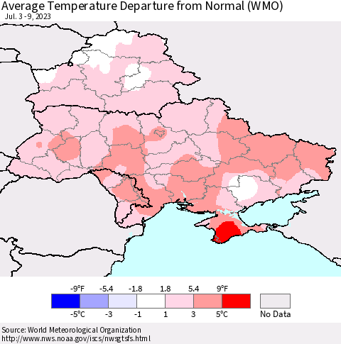 Ukraine, Moldova and Belarus Average Temperature Departure from Normal (WMO) Thematic Map For 7/3/2023 - 7/9/2023