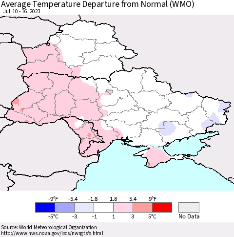 Ukraine, Moldova and Belarus Average Temperature Departure from Normal (WMO) Thematic Map For 7/10/2023 - 7/16/2023