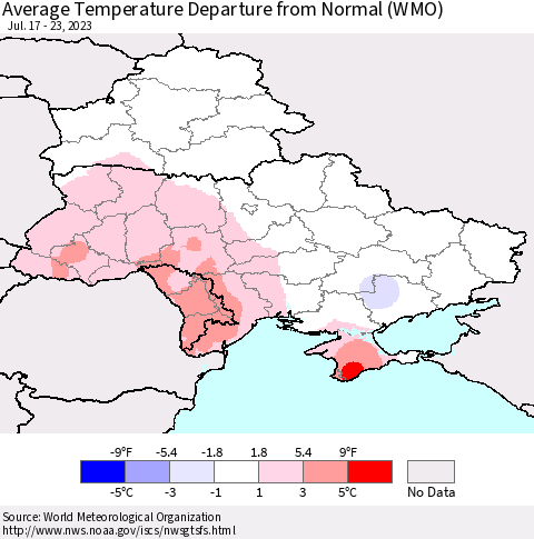 Ukraine, Moldova and Belarus Average Temperature Departure from Normal (WMO) Thematic Map For 7/17/2023 - 7/23/2023
